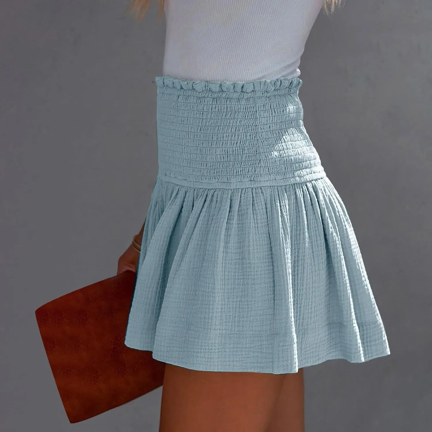 Cotton Linen Shorts for Women Trendy Smocked High Waisted Summer Shorts Casual Ruffle Wide Leg Lounge Short