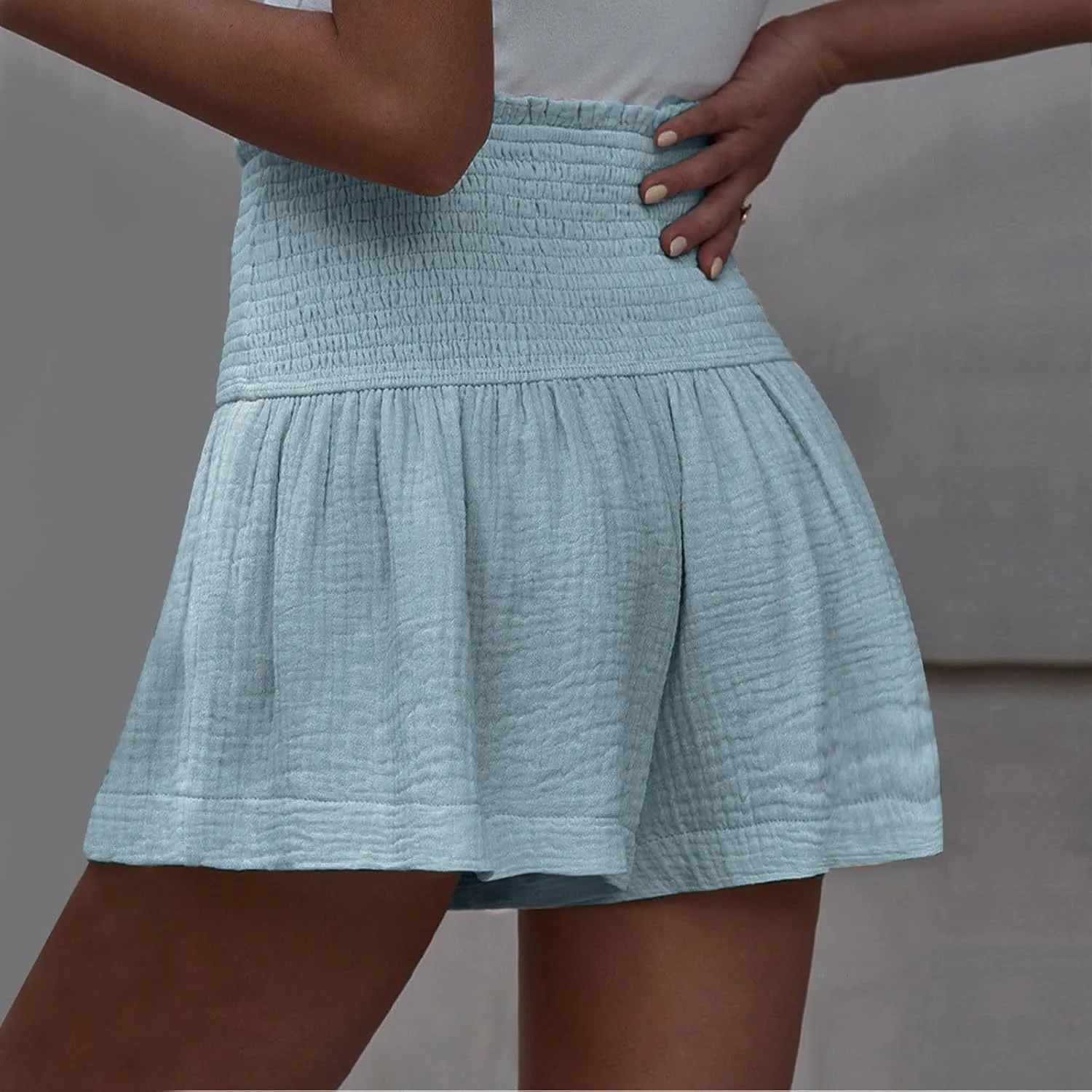 Cotton Linen Shorts for Women Trendy Smocked High Waisted Summer Shorts Casual Ruffle Wide Leg Lounge Short