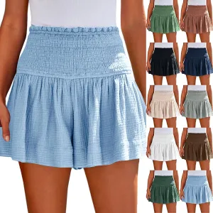 Cotton Linen Shorts for Women Trendy Smocked High Waisted Summer Shorts Casual Ruffle Wide Leg Lounge Short