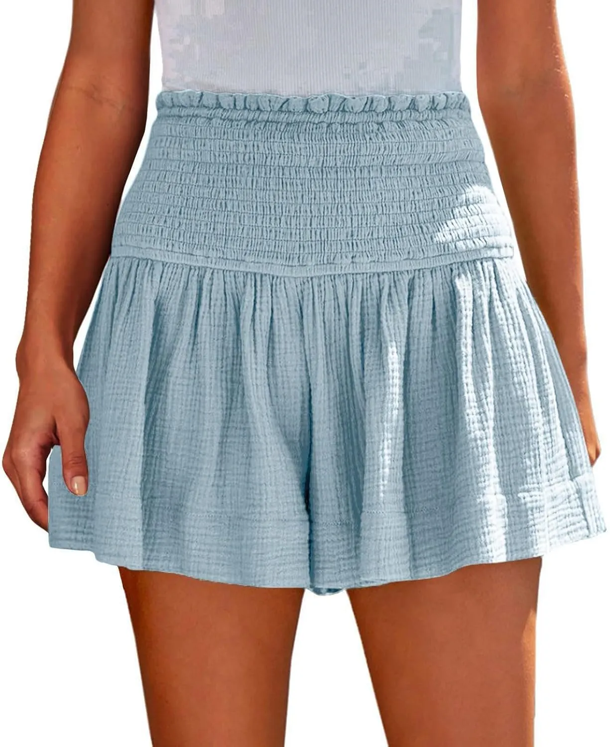 Cotton Linen Shorts for Women Trendy Smocked High Waisted Summer Shorts Casual Ruffle Wide Leg Lounge Short