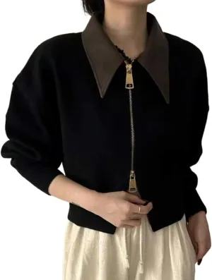 Cropped Cardigan Women Leather Collared Knit Sweater Zip up Jacket Aesthetic Cute Polo Sweater Fall 2024 Trendy