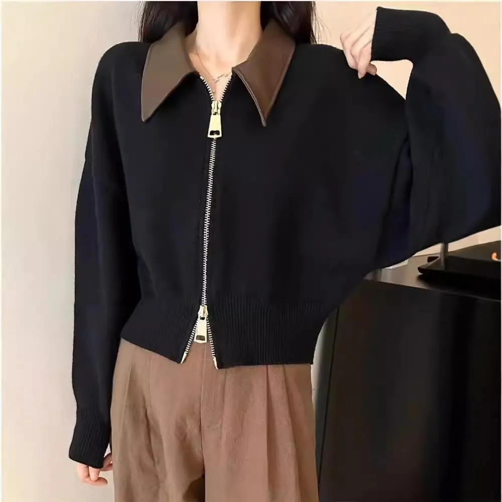 Cropped Cardigan Women Leather Collared Knit Sweater Zip up Jacket Aesthetic Cute Polo Sweater Fall 2024 Trendy