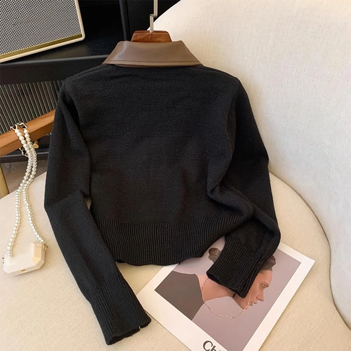 Cropped Cardigan Women Leather Collared Knit Sweater Zip up Jacket Aesthetic Cute Polo Sweater Fall 2024 Trendy