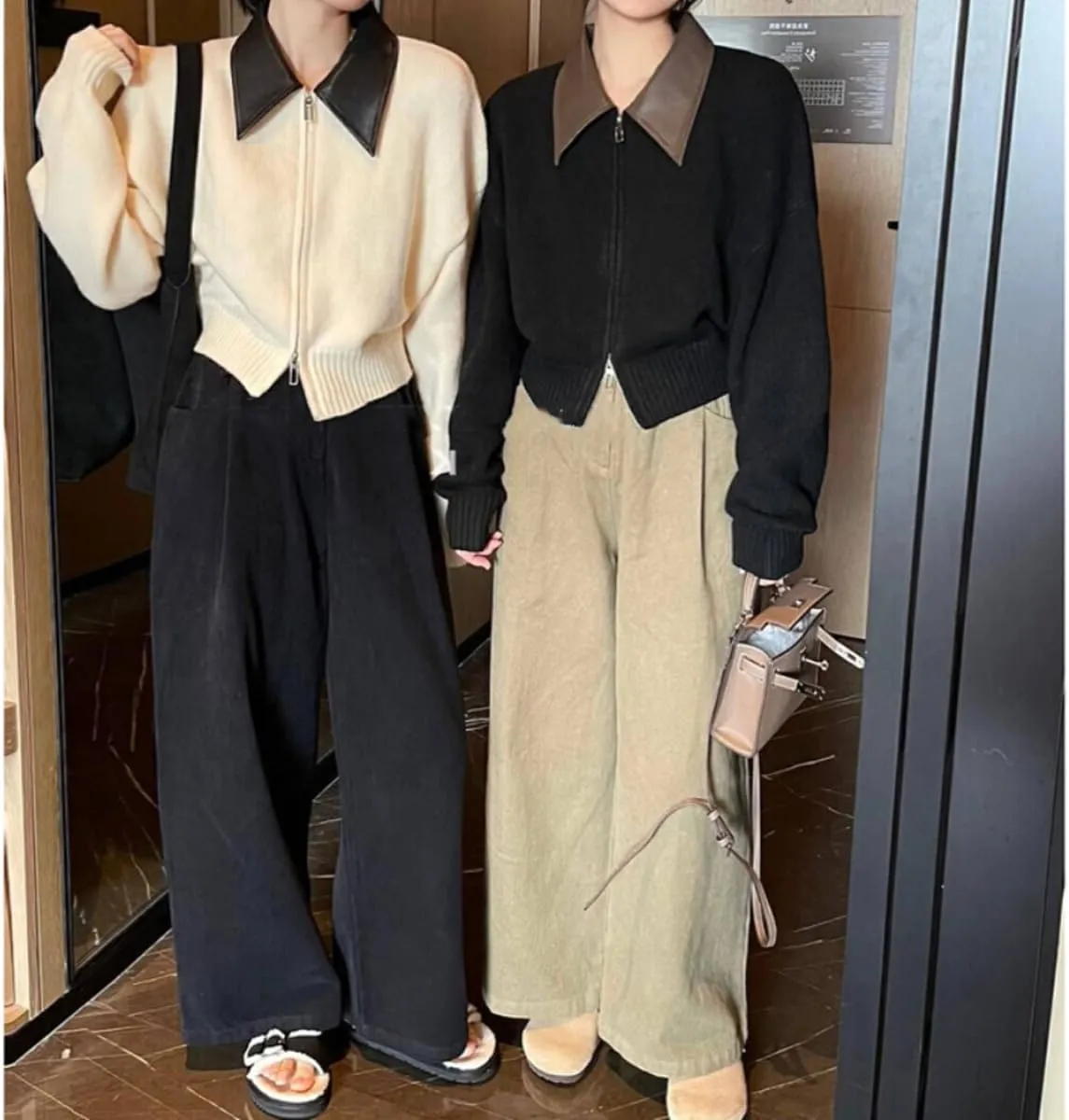 Cropped Cardigan Women Leather Collared Knit Sweater Zip up Jacket Aesthetic Cute Polo Sweater Fall 2024 Trendy