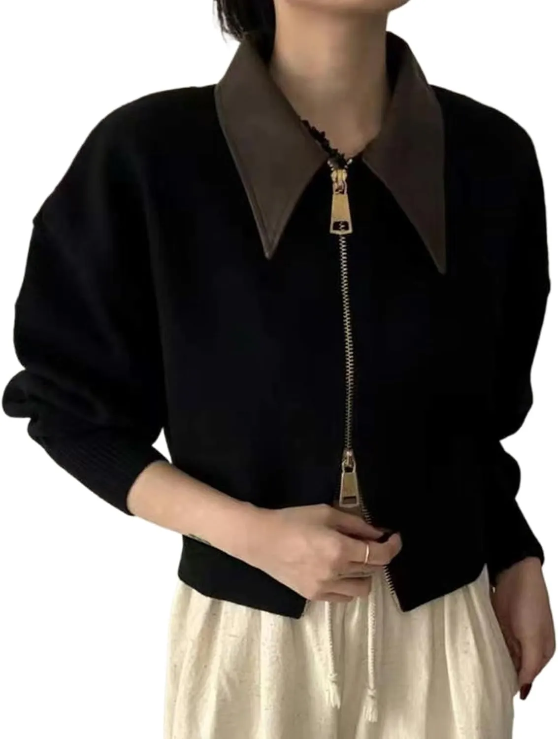Cropped Cardigan Women Leather Collared Knit Sweater Zip up Jacket Aesthetic Cute Polo Sweater Fall 2024 Trendy