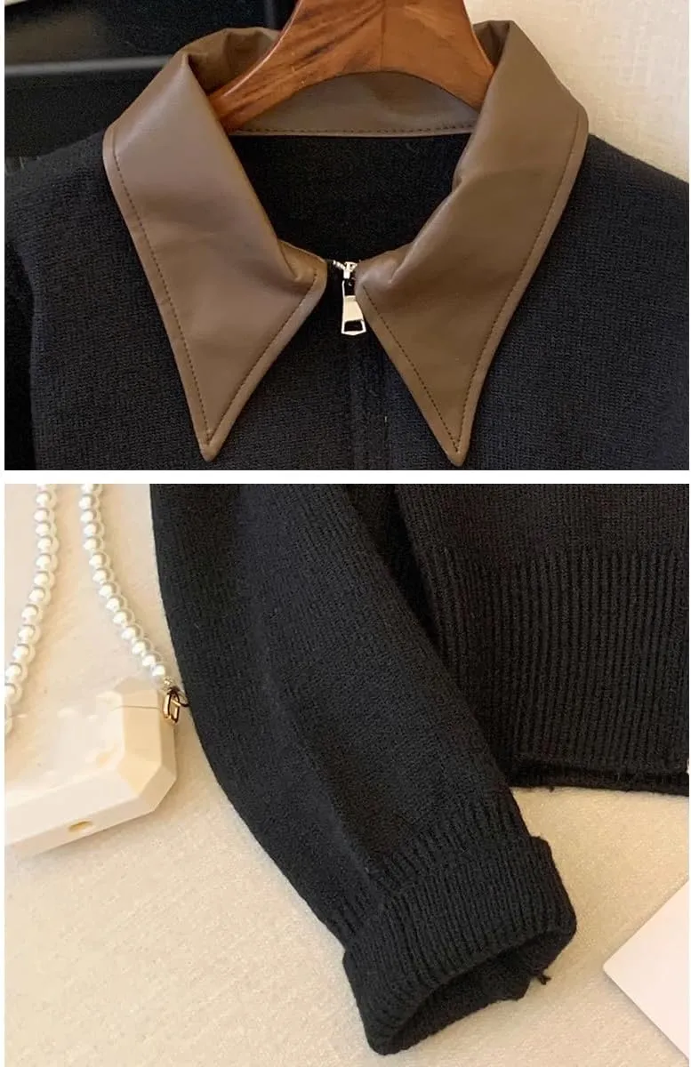 Cropped Cardigan Women Leather Collared Knit Sweater Zip up Jacket Aesthetic Cute Polo Sweater Fall 2024 Trendy