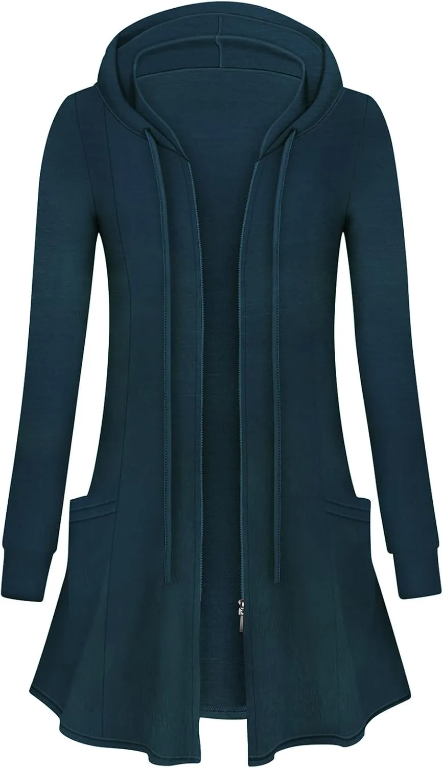 Cucuchy Style Womens Long Hoodies Casual Zip Up Tunic Sweatshirt Open Front Cardigan
