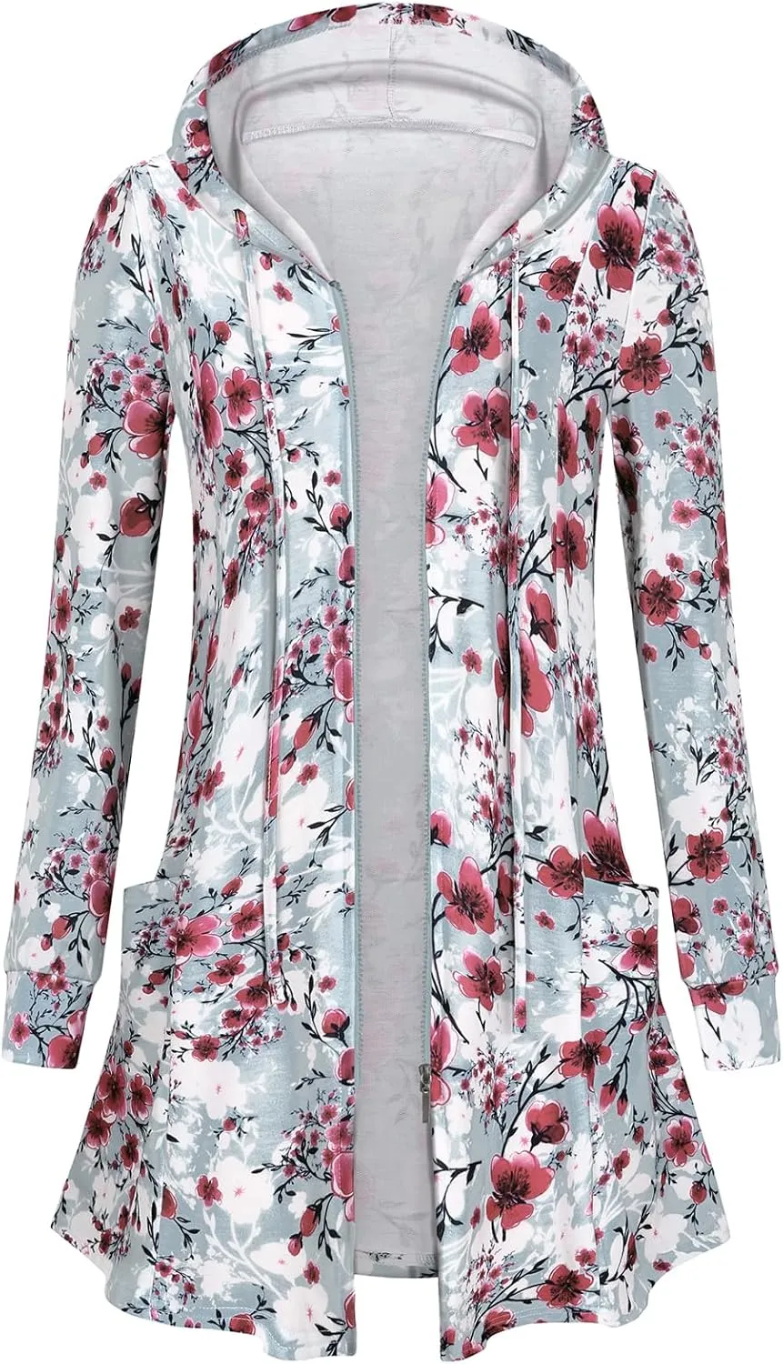 Cucuchy Style Womens Long Hoodies Casual Zip Up Tunic Sweatshirt Open Front Cardigan