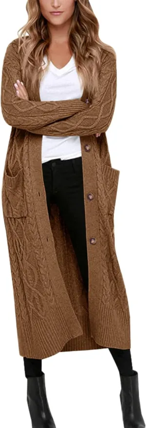 Danedvi Women's Long Cardigans Long Sleeve Cable Knit Button Down Open Front Chunky Knit Sweaters Coats with Pockets