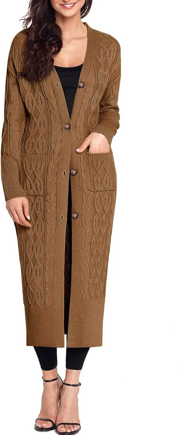Danedvi Women's Long Cardigans Long Sleeve Cable Knit Button Down Open Front Chunky Knit Sweaters Coats with Pockets