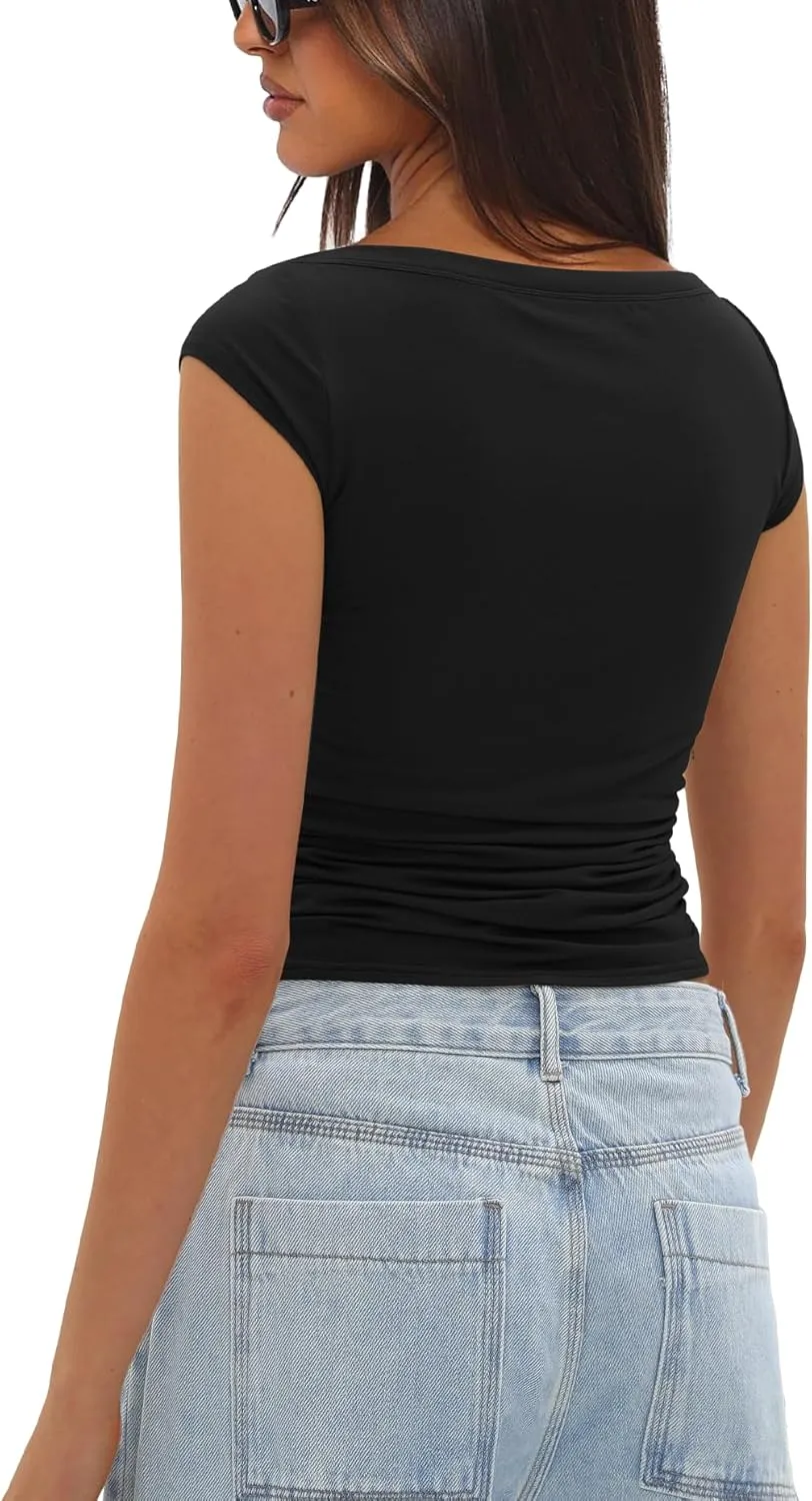 Darong Women's Summer Cap Sleeve Tops Slim Fitted Boat Neck Basic Tee Casual Going Out Top Shirts