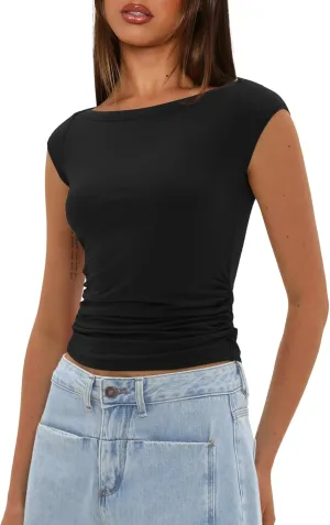 Darong Women's Summer Cap Sleeve Tops Slim Fitted Boat Neck Basic Tee Casual Going Out Top Shirts