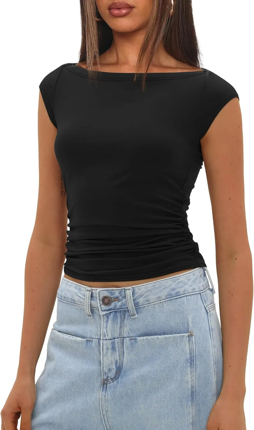 Darong Women's Summer Cap Sleeve Tops Slim Fitted Boat Neck Basic Tee Casual Going Out Top Shirts