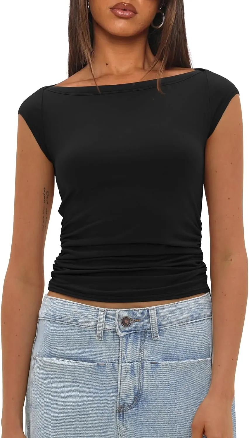 Darong Women's Summer Cap Sleeve Tops Slim Fitted Boat Neck Basic Tee Casual Going Out Top Shirts