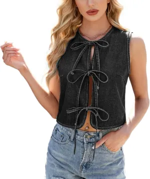 Denim Vest Sleeveless Crewneck Bows Tie Front Crop Top Y2K Summer Jean Vintage Fashion Western Cowgirl Jacket