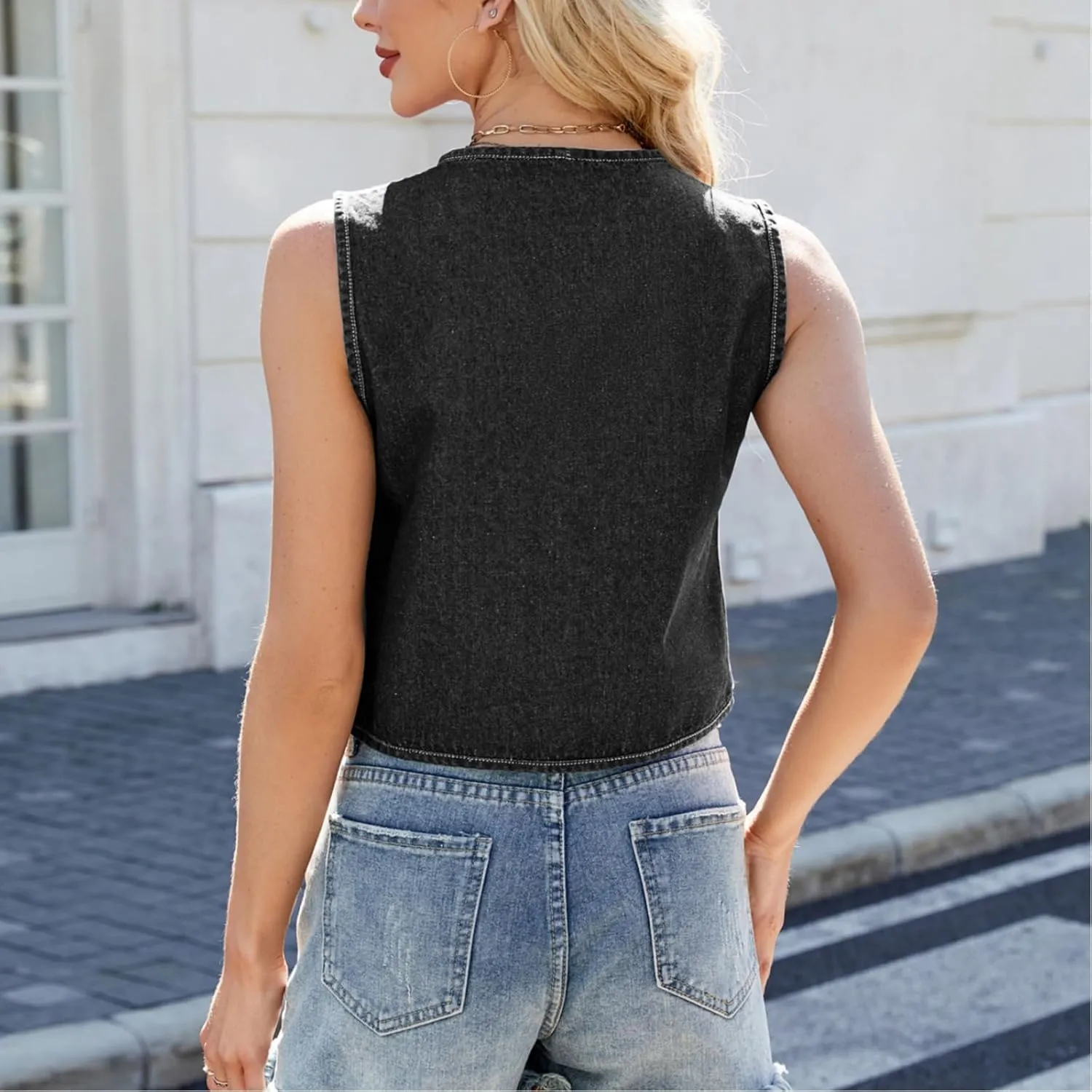 Denim Vest Sleeveless Crewneck Bows Tie Front Crop Top Y2K Summer Jean Vintage Fashion Western Cowgirl Jacket