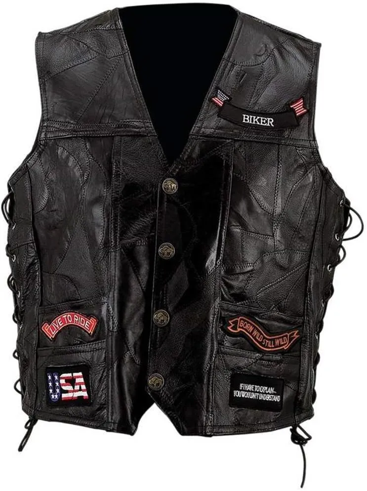 Diamond Plate Genuine Leather Motorcycle Vest w/14 Patches