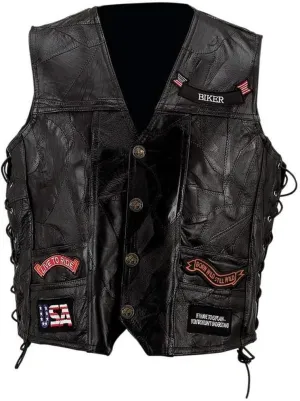Diamond Plate Genuine Leather Motorcycle Vest w/14 Patches