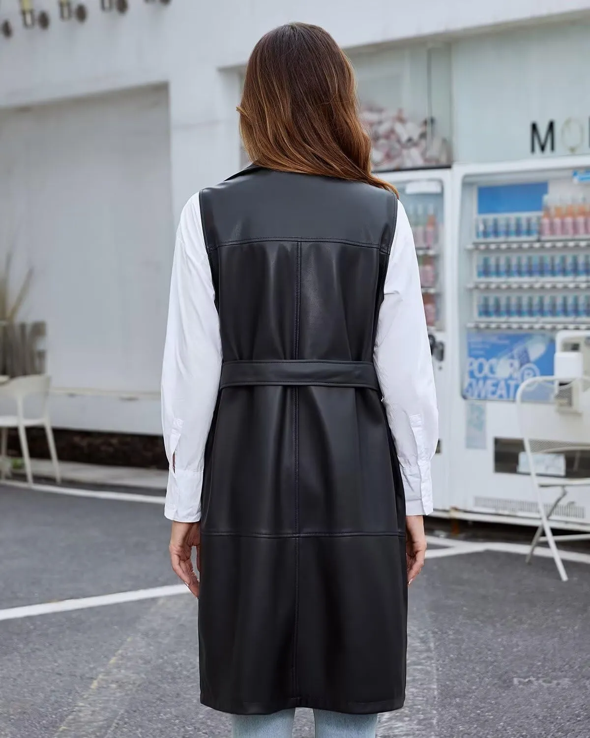 DIASHINY Faux Leather Vest For Women Long Lapel Sleeveless Drape Open Front PU Cardigan