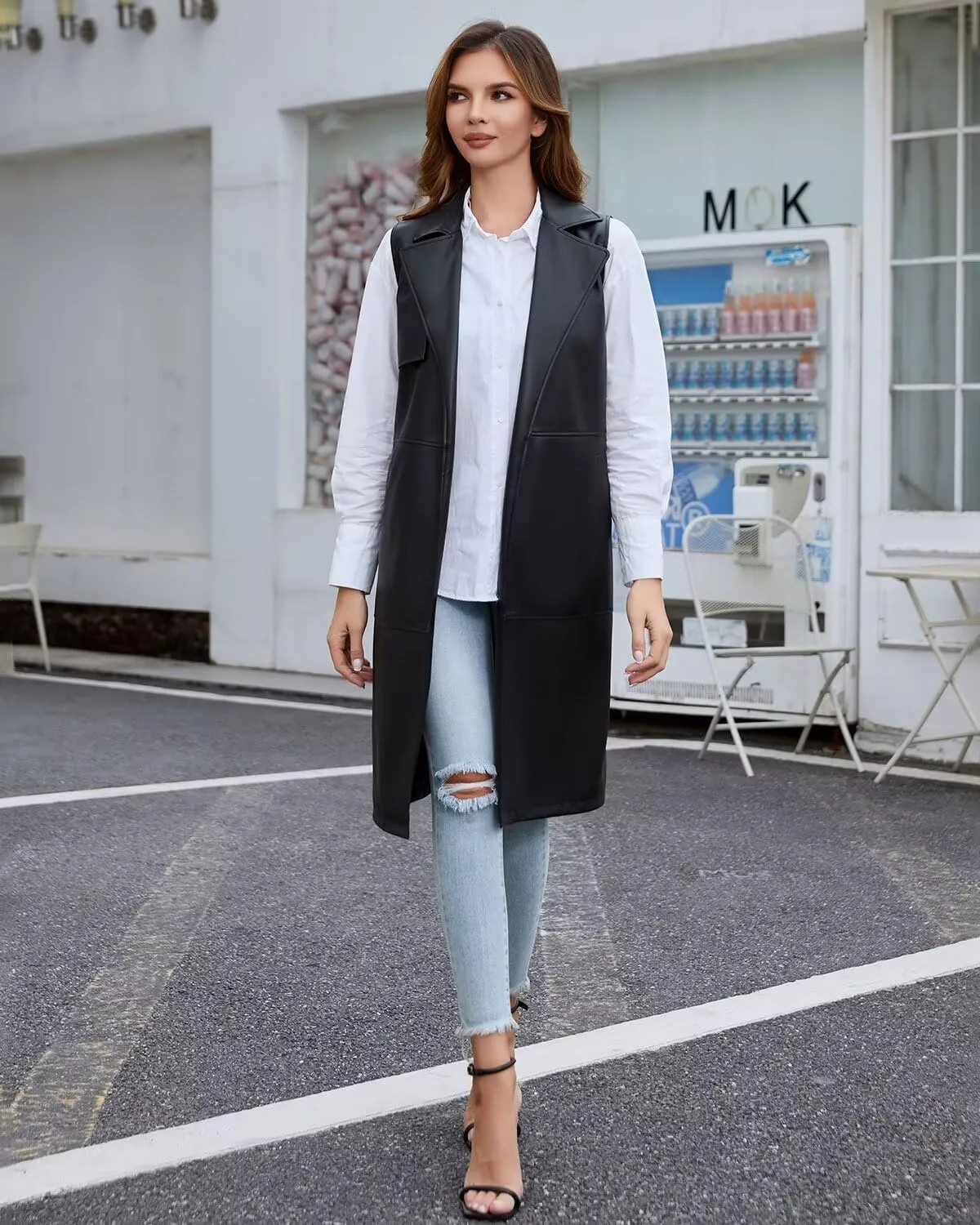 DIASHINY Faux Leather Vest For Women Long Lapel Sleeveless Drape Open Front PU Cardigan