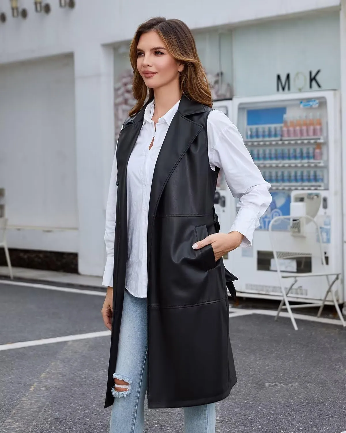 DIASHINY Faux Leather Vest For Women Long Lapel Sleeveless Drape Open Front PU Cardigan