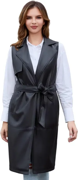 DIASHINY Faux Leather Vest For Women Long Lapel Sleeveless Drape Open Front PU Cardigan