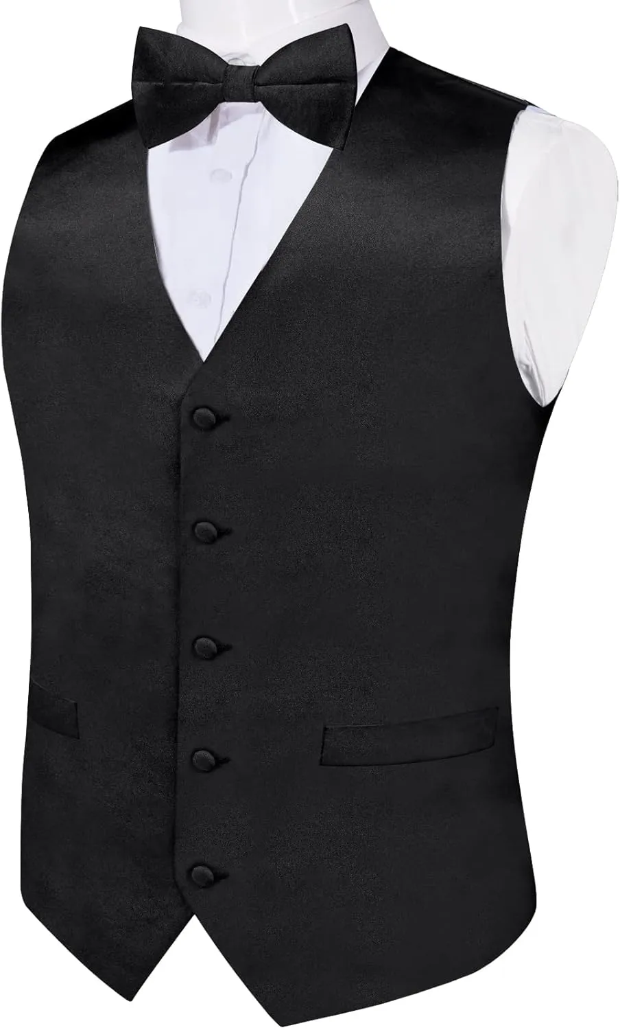 DiBanGu Mens Satin Vest and Bowtie Lapel Pin Set for Suit or Tuxedo,Solid Dress Waistcoat & Pre-tied Bowtie for Wedding Party