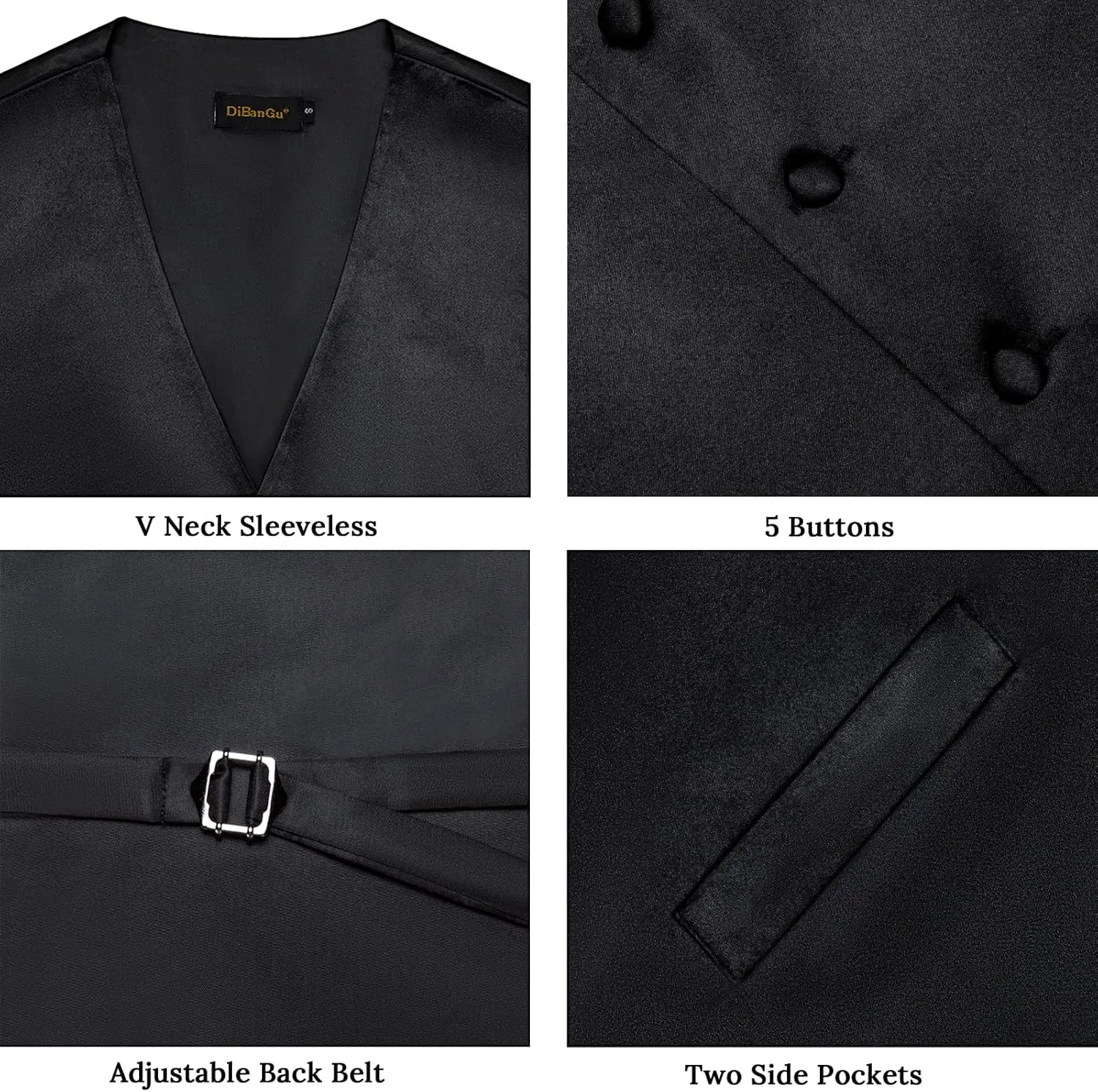 DiBanGu Mens Satin Vest and Bowtie Lapel Pin Set for Suit or Tuxedo,Solid Dress Waistcoat & Pre-tied Bowtie for Wedding Party