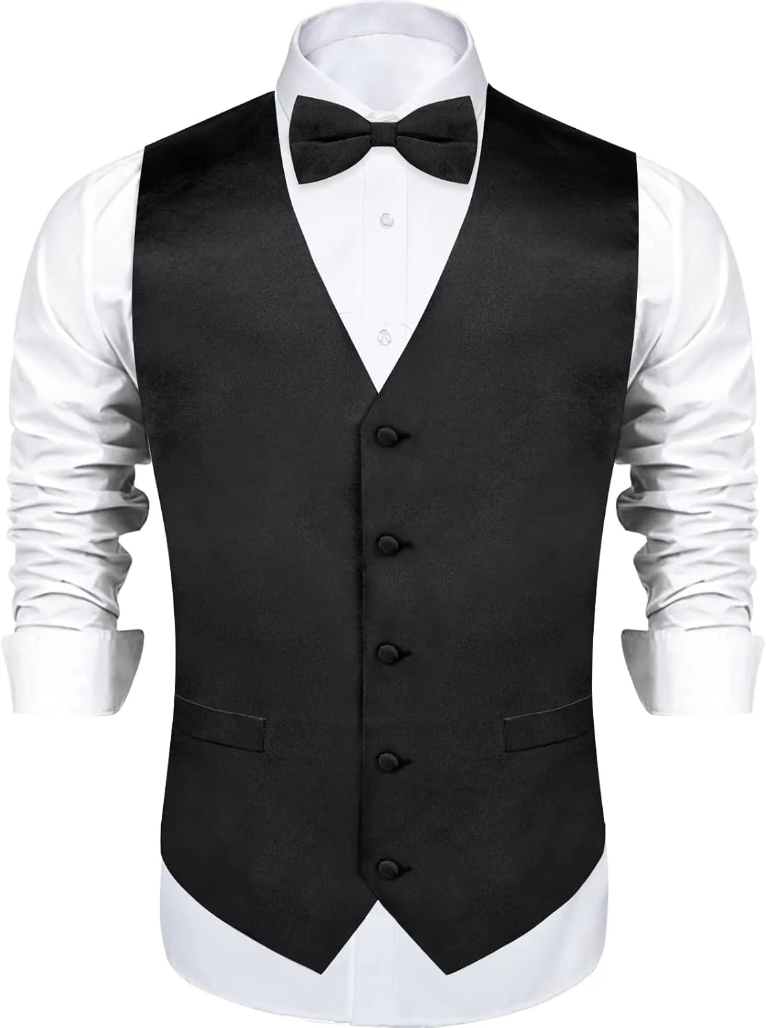 DiBanGu Mens Satin Vest and Bowtie Lapel Pin Set for Suit or Tuxedo,Solid Dress Waistcoat & Pre-tied Bowtie for Wedding Party