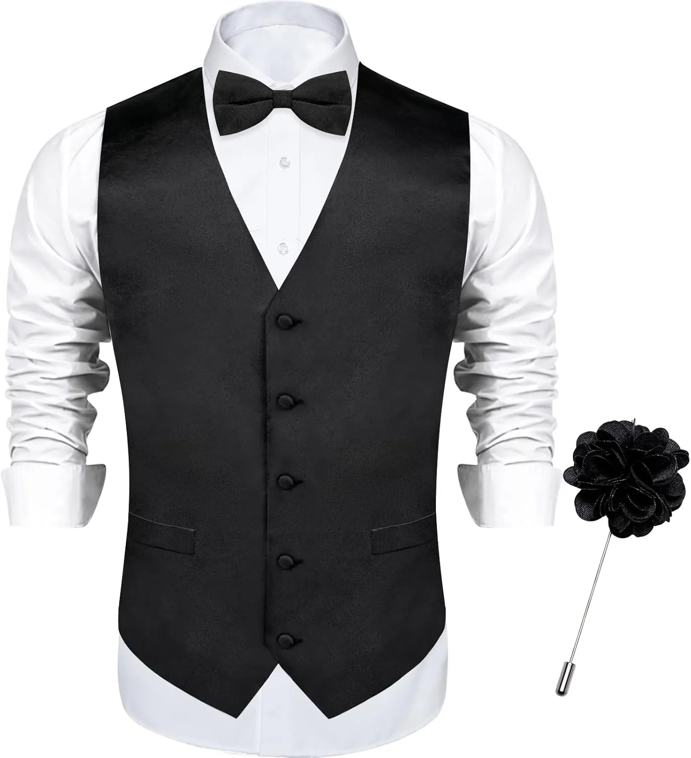 DiBanGu Mens Satin Vest and Bowtie Lapel Pin Set for Suit or Tuxedo,Solid Dress Waistcoat & Pre-tied Bowtie for Wedding Party