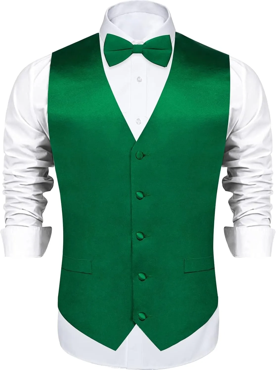 DiBanGu Mens Satin Vest and Bowtie Lapel Pin Set for Suit or Tuxedo,Solid Dress Waistcoat & Pre-tied Bowtie for Wedding Party