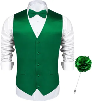 DiBanGu Mens Satin Vest and Bowtie Lapel Pin Set for Suit or Tuxedo,Solid Dress Waistcoat & Pre-tied Bowtie for Wedding Party