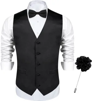 DiBanGu Mens Satin Vest and Bowtie Lapel Pin Set for Suit or Tuxedo,Solid Dress Waistcoat & Pre-tied Bowtie for Wedding Party