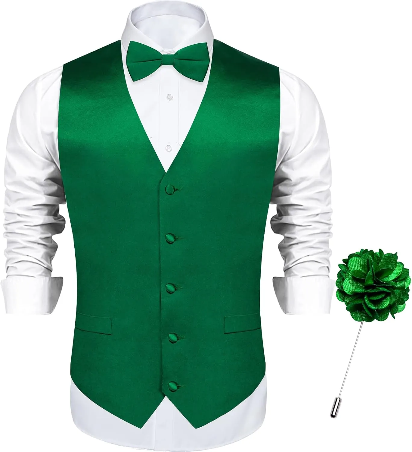 DiBanGu Mens Satin Vest and Bowtie Lapel Pin Set for Suit or Tuxedo,Solid Dress Waistcoat & Pre-tied Bowtie for Wedding Party