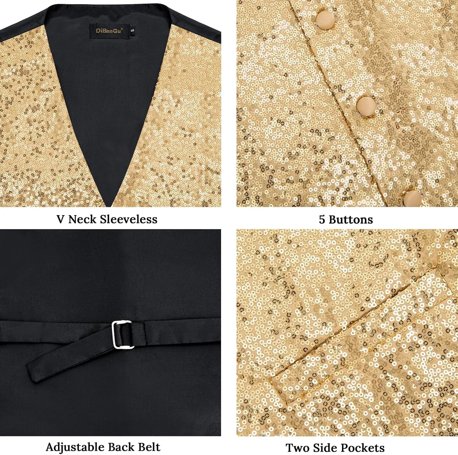 DiBanGu Mens Sequin Suit Vest and Tie Set, Shiny Dress Waistcoat & Bowtie with Tie Clip Lapel Pin for Party Prom Wedding