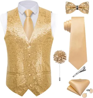 DiBanGu Mens Sequin Suit Vest and Tie Set, Shiny Dress Waistcoat & Bowtie with Tie Clip Lapel Pin for Party Prom Wedding