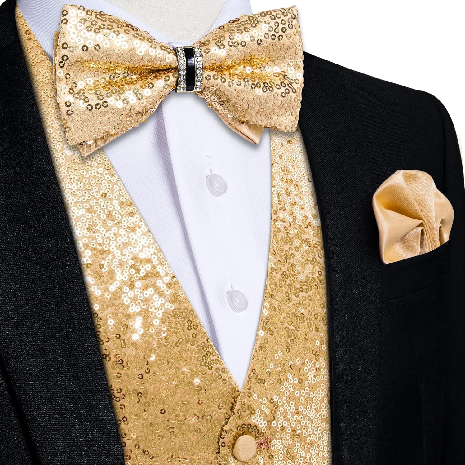 DiBanGu Mens Sequin Suit Vest and Tie Set, Shiny Dress Waistcoat & Bowtie with Tie Clip Lapel Pin for Party Prom Wedding