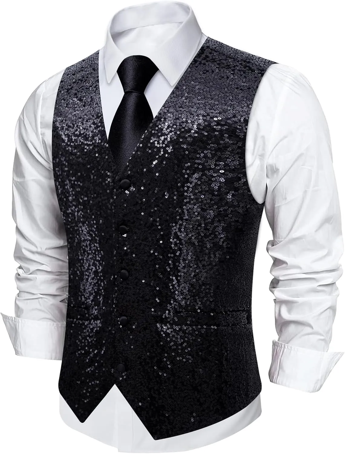 DiBanGu Mens Sequin Vest Casual V-neck Shiny Waistcoat Tie and Pocket Square Set Sharkly Solid Dress Vest for Prom Party