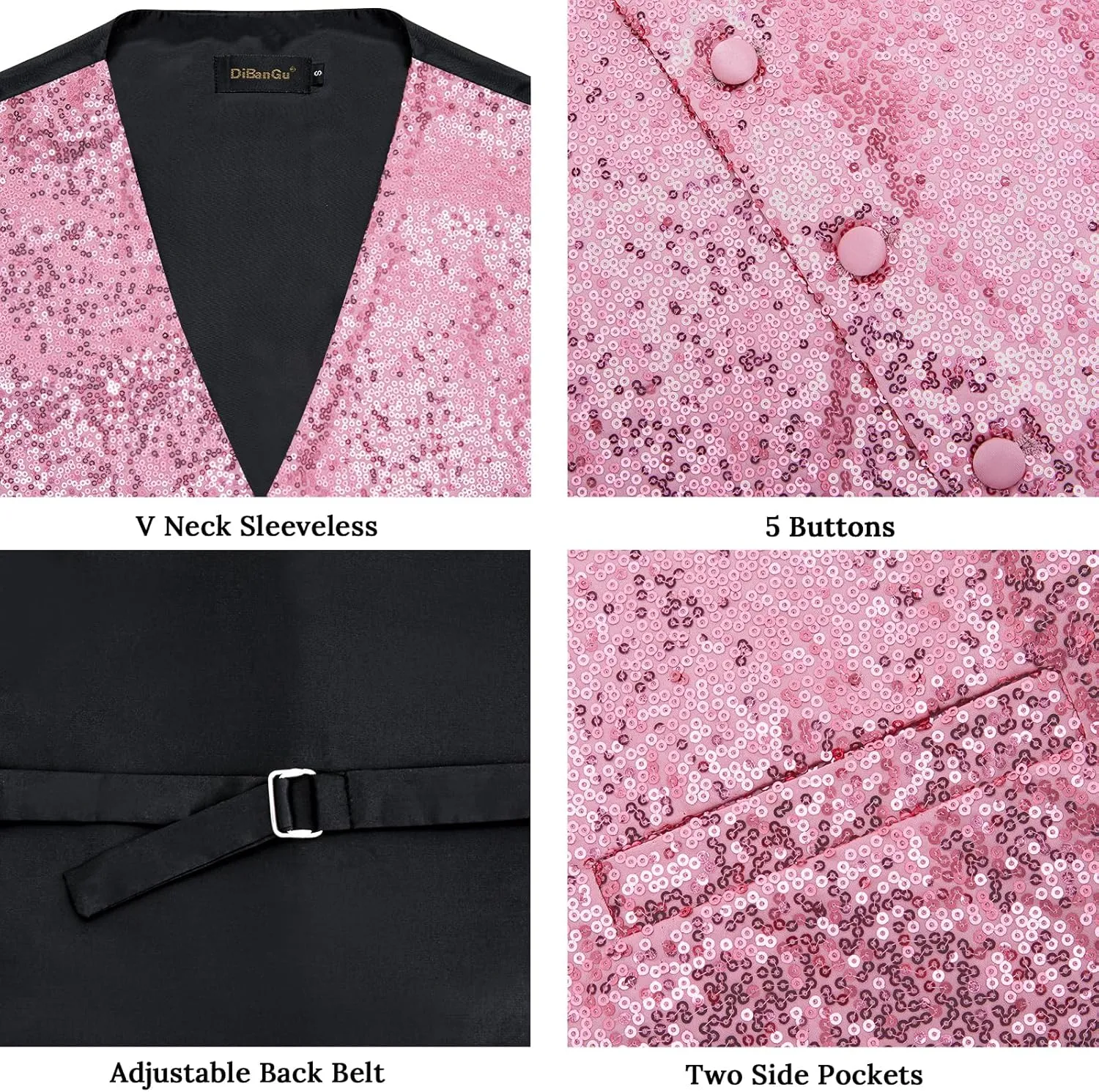 DiBanGu Mens Sequin Vest Casual V-neck Shiny Waistcoat Tie and Pocket Square Set Sharkly Solid Dress Vest for Prom Party