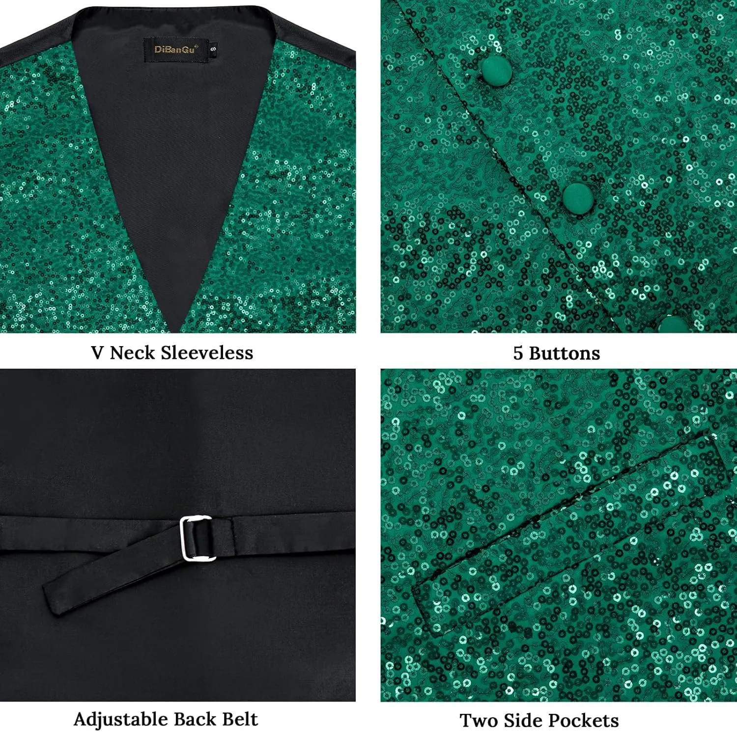 DiBanGu Mens Sequin Vest Casual V-neck Shiny Waistcoat Tie and Pocket Square Set Sharkly Solid Dress Vest for Prom Party