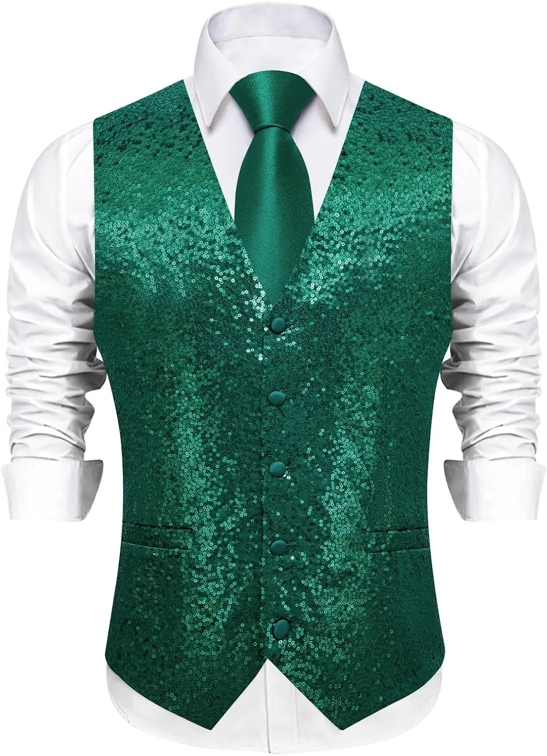 DiBanGu Mens Sequin Vest Casual V-neck Shiny Waistcoat Tie and Pocket Square Set Sharkly Solid Dress Vest for Prom Party