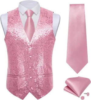DiBanGu Mens Sequin Vest Casual V-neck Shiny Waistcoat Tie and Pocket Square Set Sharkly Solid Dress Vest for Prom Party