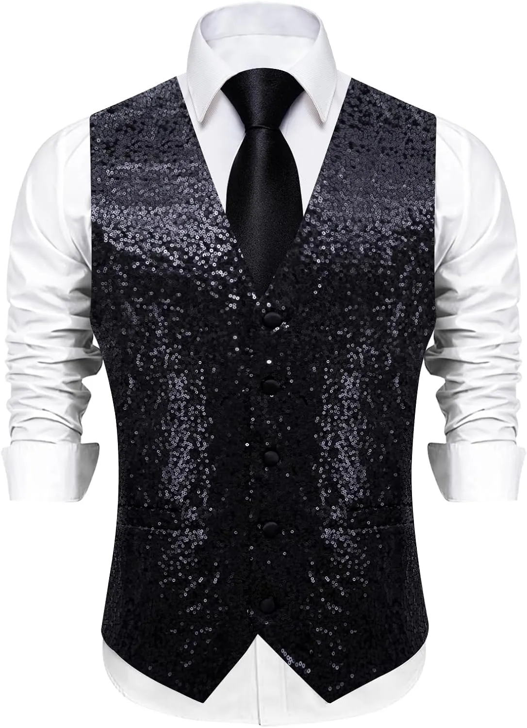 DiBanGu Mens Sequin Vest Casual V-neck Shiny Waistcoat Tie and Pocket Square Set Sharkly Solid Dress Vest for Prom Party