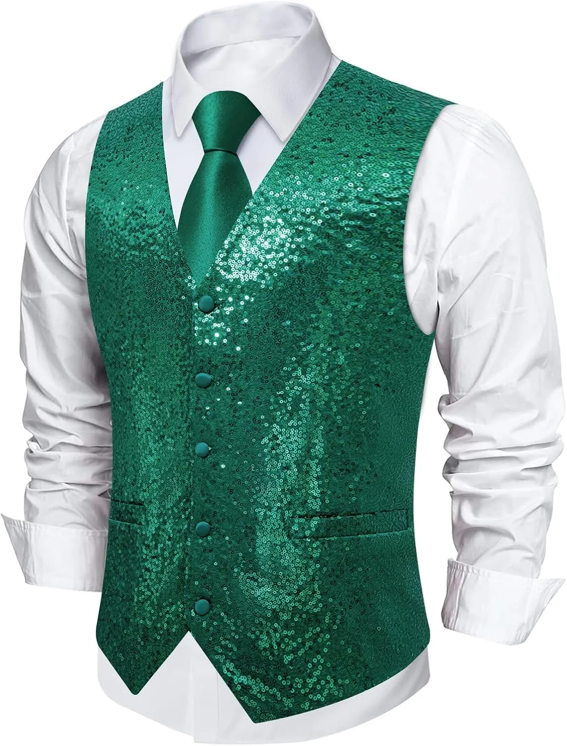 DiBanGu Mens Sequin Vest Casual V-neck Shiny Waistcoat Tie and Pocket Square Set Sharkly Solid Dress Vest for Prom Party