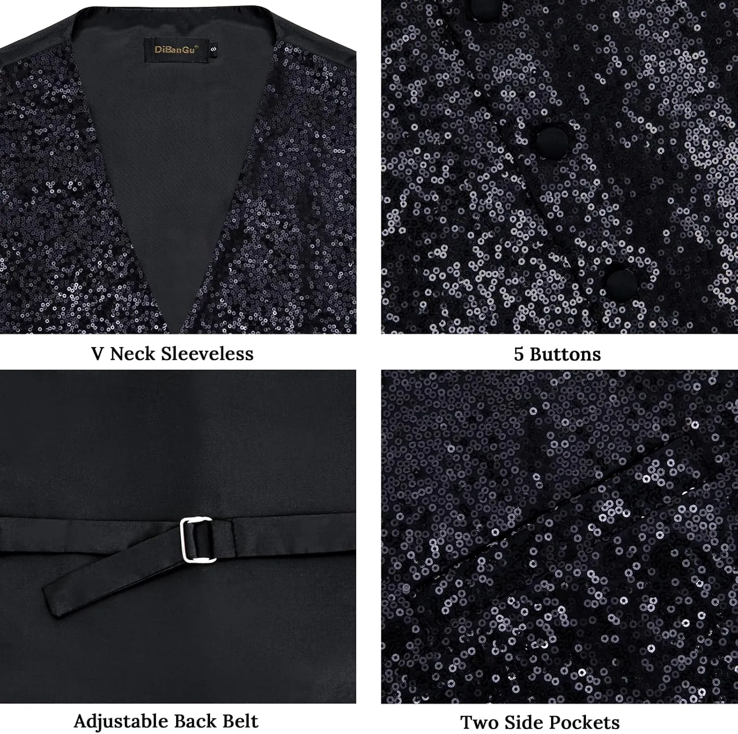 DiBanGu Mens Sequin Vest Casual V-neck Shiny Waistcoat Tie and Pocket Square Set Sharkly Solid Dress Vest for Prom Party