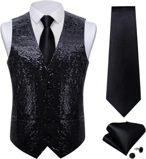 DiBanGu Mens Sequin Vest Casual V-neck Shiny Waistcoat Tie and Pocket Square Set Sharkly Solid Dress Vest for Prom Party