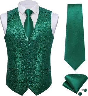DiBanGu Mens Sequin Vest Casual V-neck Shiny Waistcoat Tie and Pocket Square Set Sharkly Solid Dress Vest for Prom Party