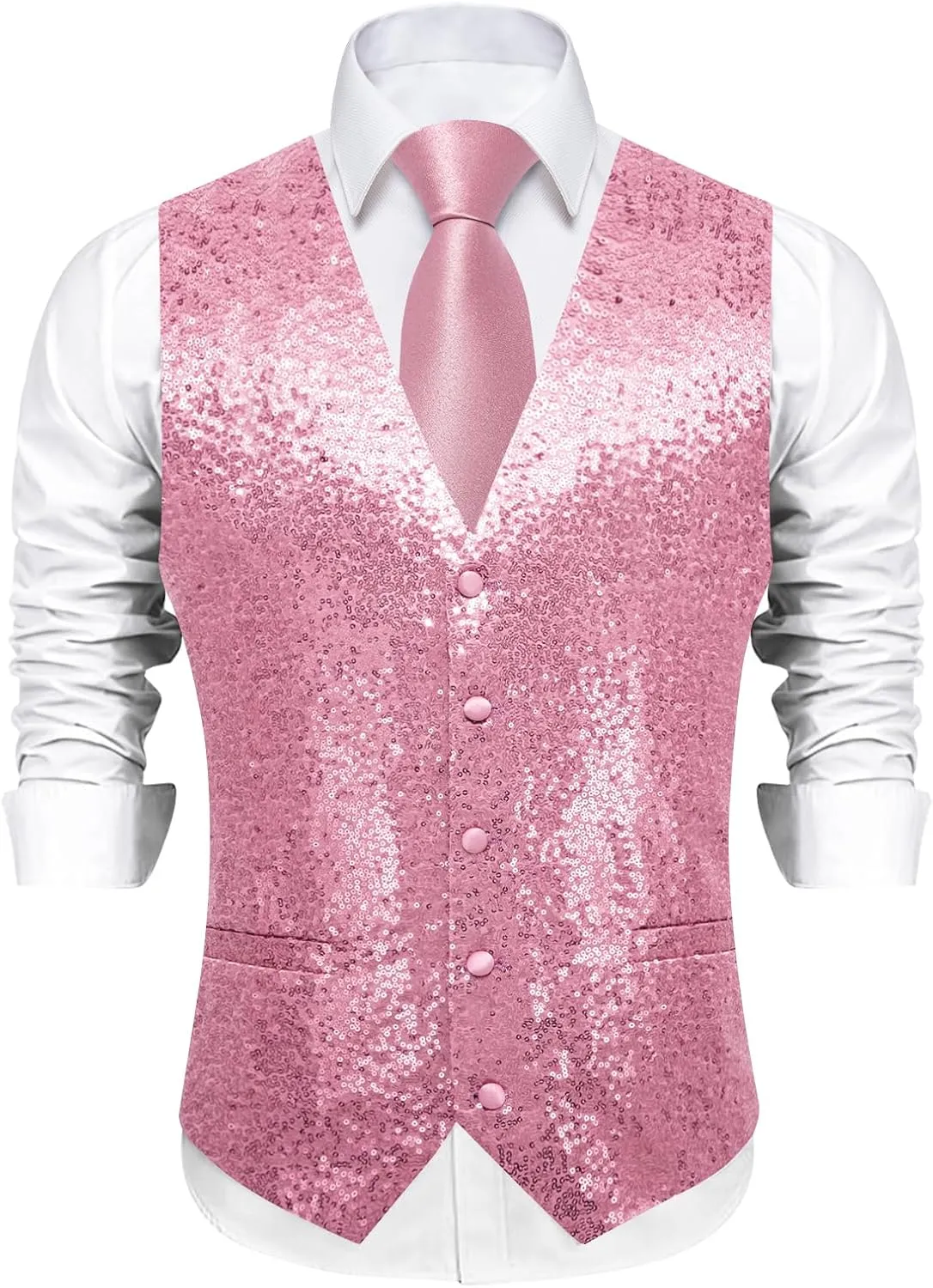 DiBanGu Mens Sequin Vest Casual V-neck Shiny Waistcoat Tie and Pocket Square Set Sharkly Solid Dress Vest for Prom Party
