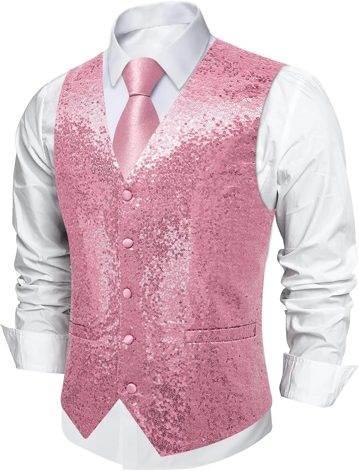 DiBanGu Mens Sequin Vest Casual V-neck Shiny Waistcoat Tie and Pocket Square Set Sharkly Solid Dress Vest for Prom Party