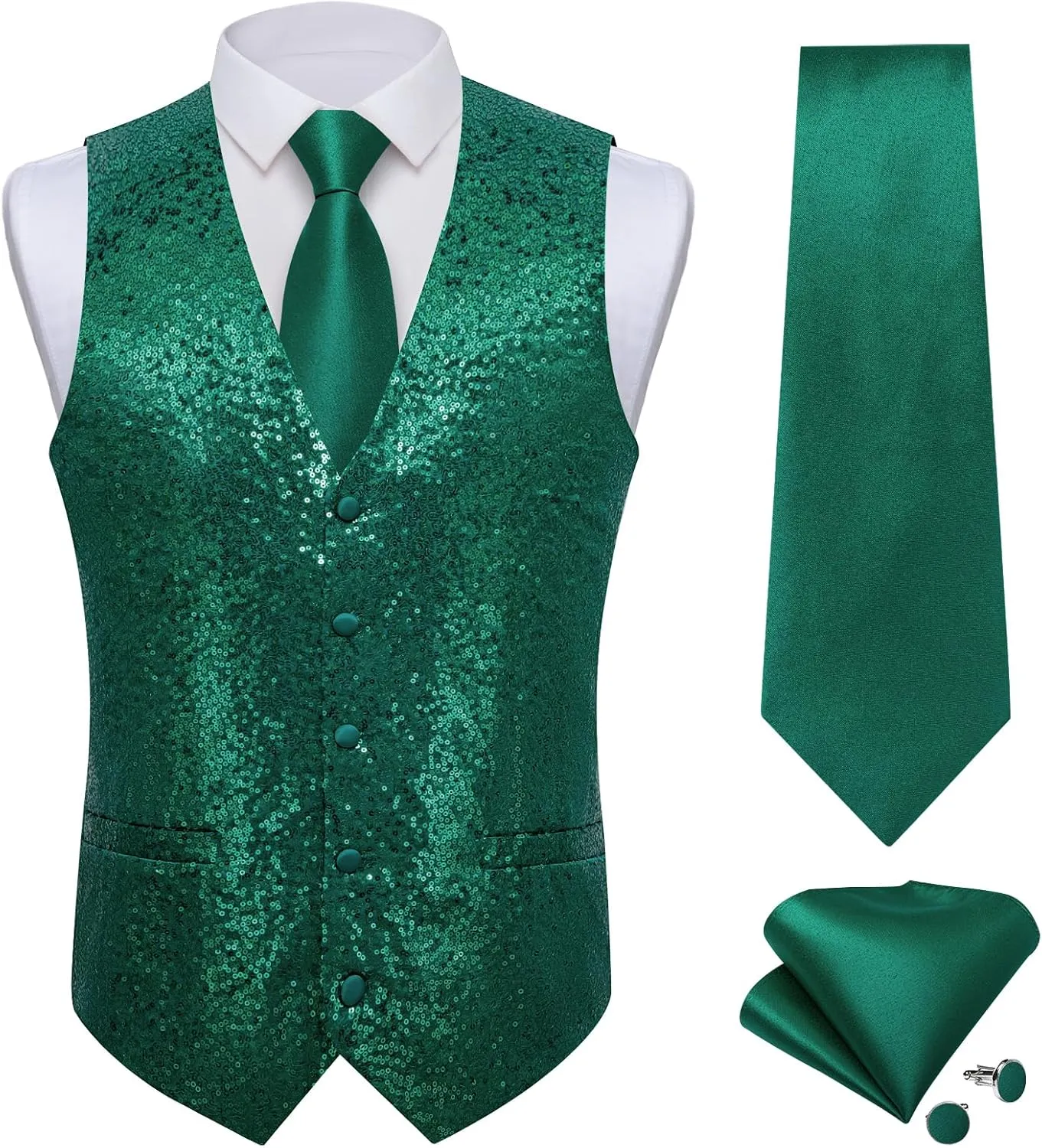 DiBanGu Mens Sequin Vest Casual V-neck Shiny Waistcoat Tie and Pocket Square Set Sharkly Solid Dress Vest for Prom Party